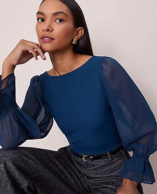 Ann Taylor Petite Mixed Media Pleated Sleeve Top sold by Ann Taylor