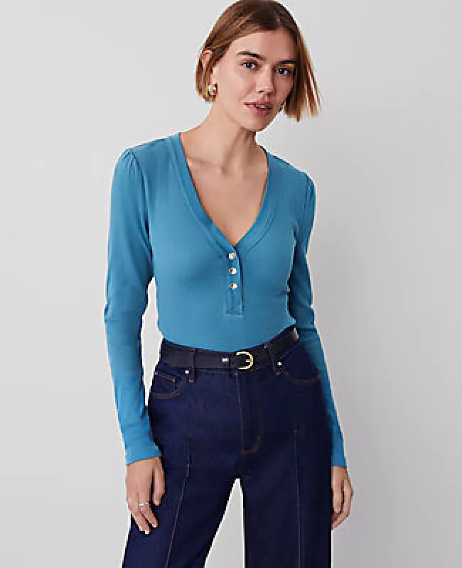 Ann Taylor Weekend Collection Puff Sleeve Henley Top sold by Ann Taylor