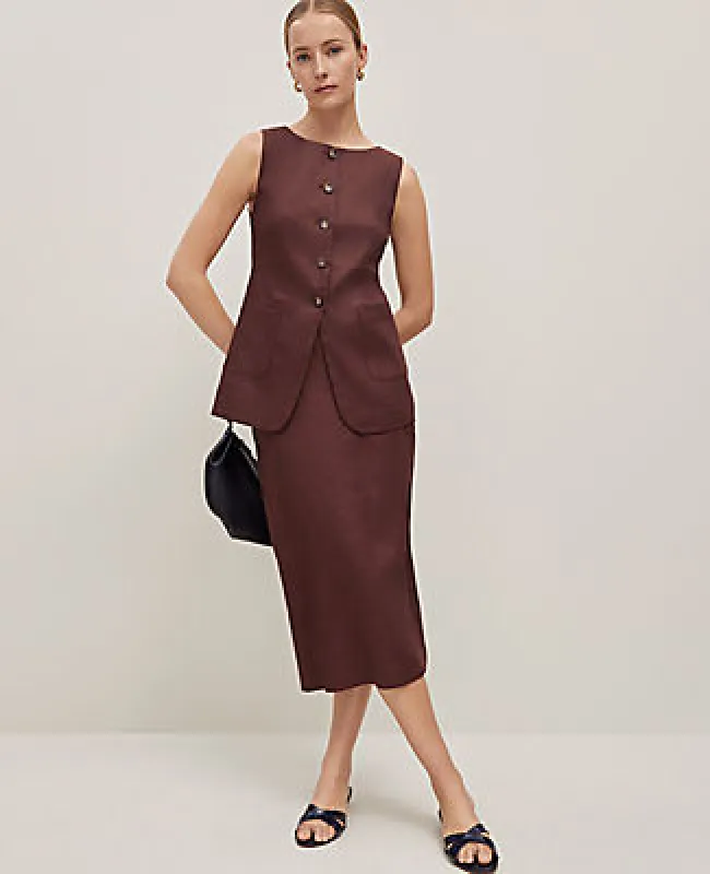 Ann Taylor The Petite Clean Midi Skirt in Linen Blend sold by Ann Taylor