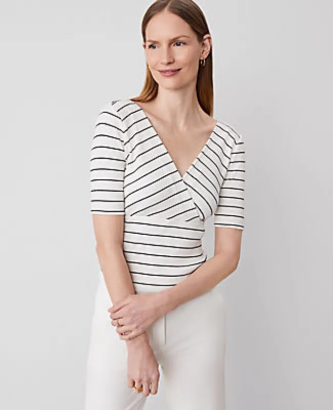 Ann Taylor Petite Striped Crossover Neck Top sold by Ann Taylor