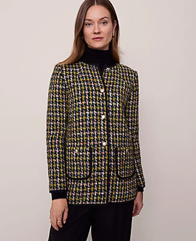 Ann Taylor The Petite Long Crew Neck Jacket in Houndstooth Tweed sold by Ann Taylor