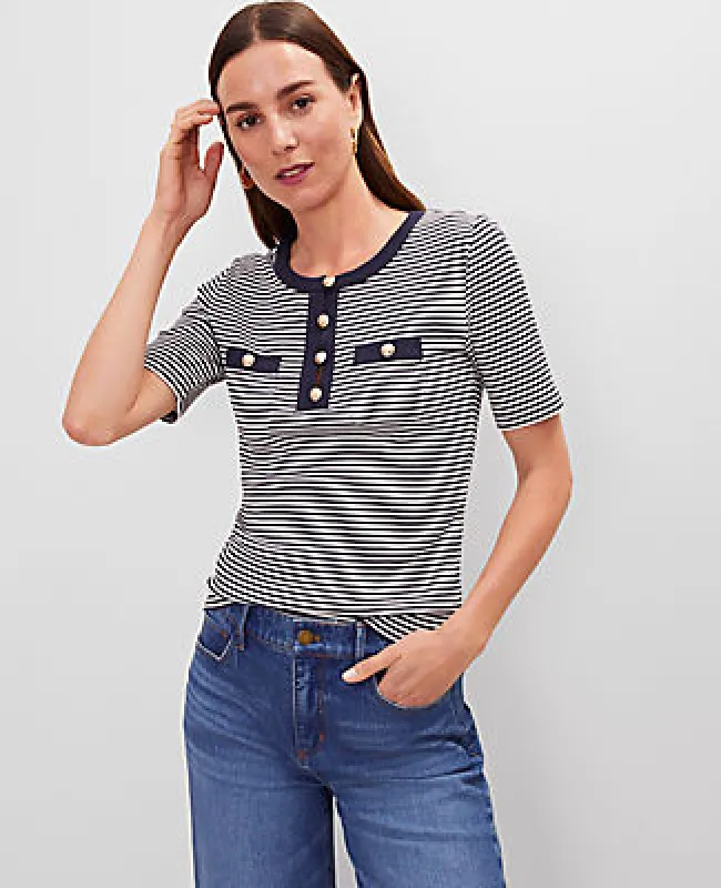 Ann Taylor Striped Contrast Trim Henley Top sold by Ann Taylor