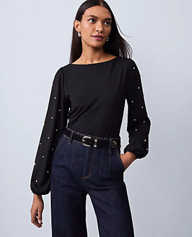 Ann Taylor Petite Mixed Media Embellished-Sleeve Top sold by Ann Taylor