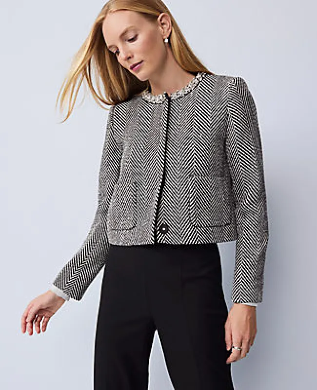 Ann Taylor Petite Embellished Herringbone Cropped Jacket sold by Ann Taylor