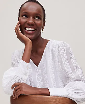Ann Taylor Petite Embroidered V-Neck Popover Top sold by Ann Taylor