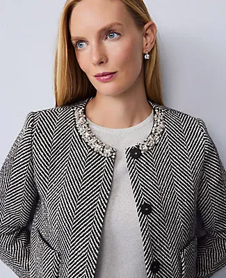 Ann Taylor Petite Embellished Herringbone Cropped Jacket sold by Ann Taylor product image thumbnail 4