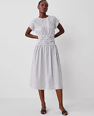 Ann Taylor Striped Smocked-Waist Midi Flare Dress sold by Ann Taylor