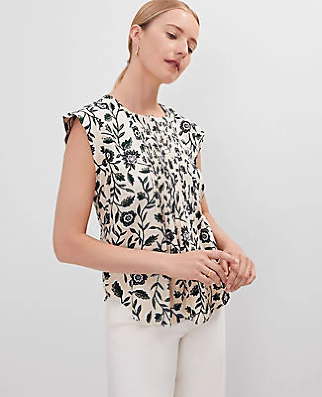 Ann Taylor Petite Linen Blend Floral Pintucked Top sold by Ann Taylor