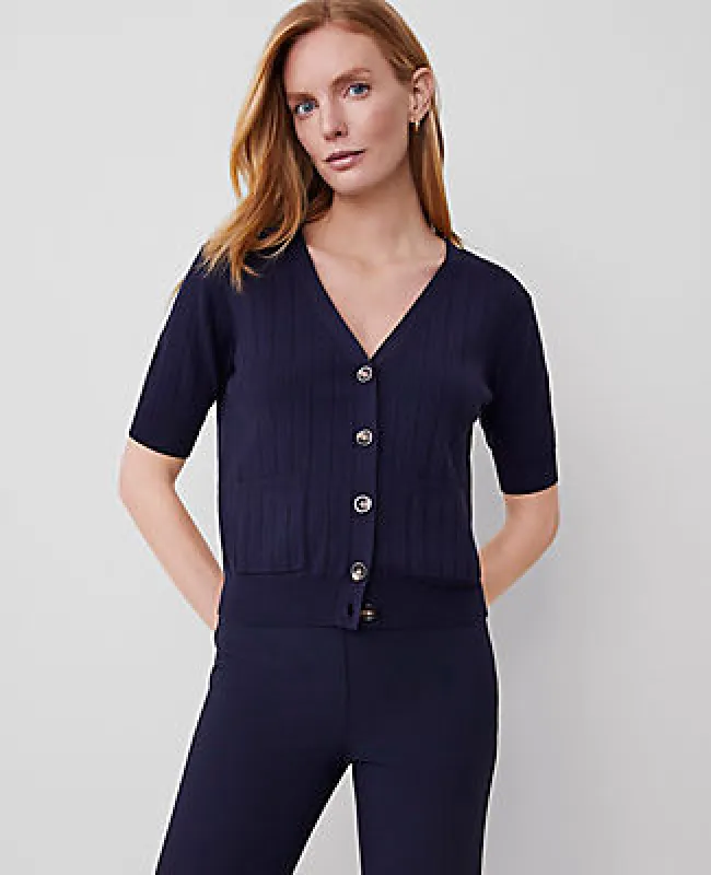 Ann Taylor Ribbed Short-Sleeve Pocket Cardigan sold by Ann Taylor