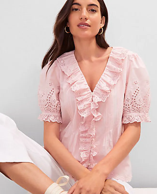 Ann Taylor Weekend Collection Embroidered Ruffle Top sold by Ann Taylor