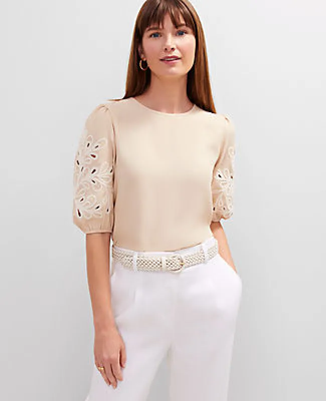 Ann Taylor Embroidered Puff Sleeve Top sold by Ann Taylor