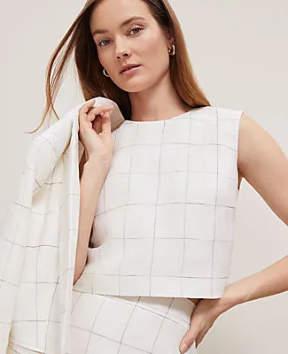 Ann Taylor The Button Back Cropped Top in Windowpane Linen Blend sold by Ann Taylor