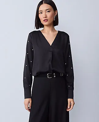 Ann Taylor Petite Pearl Embellished Mixed Media Top sold by Ann Taylor