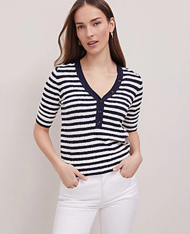 Ann Taylor Weekend Collection Striped Bouclé Henley Sweater sold by Ann Taylor