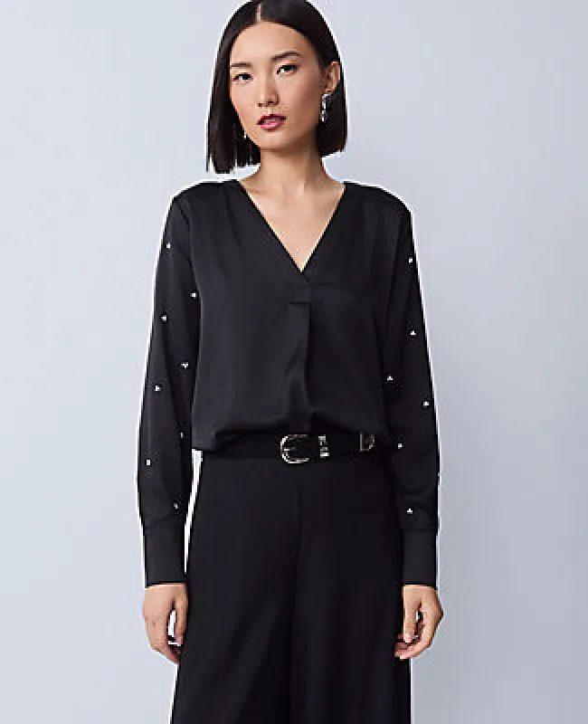 Ann Taylor Petite Pearl Embellished Mixed Media Top sold by Ann Taylor