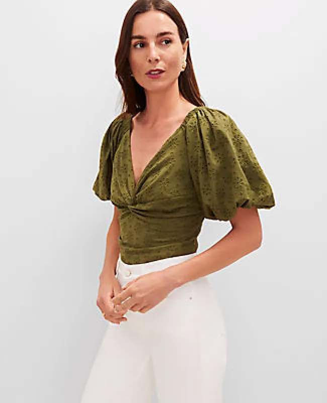 Ann Taylor Petite Eyelet Knotted Tie Back Blouse sold by Ann Taylor