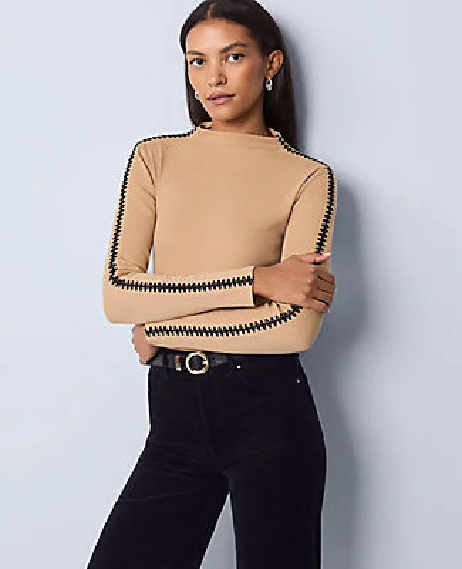 Ann Taylor Weekend Collection Crochet Trim Mock Neck Top made by Ann Taylor