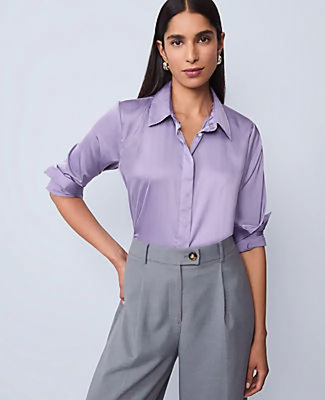 Ann Taylor Petite Pinstriped Satin Essential Shirt sold by Ann Taylor