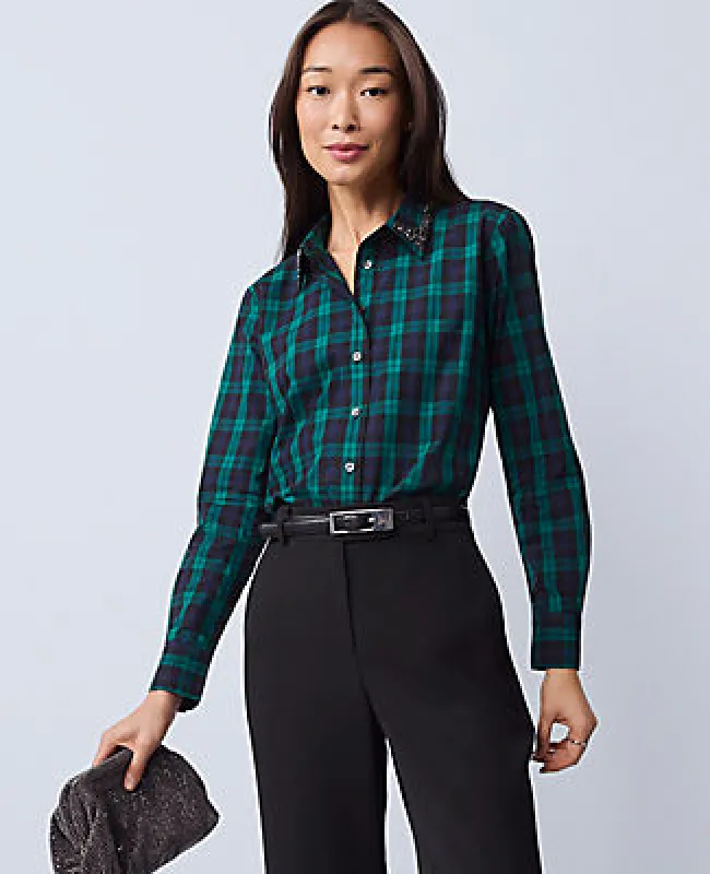 Ann Taylor Petite Embellished Plaid Relaxed Perfect Shirt sold by Ann Taylor