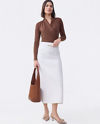 Ann Taylor Petite Horsebit Denim Midi Skirt sold by Ann Taylor