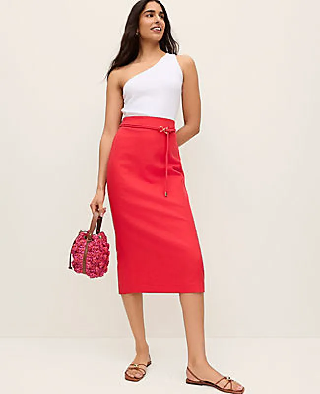 Ann Taylor Belted Midi Pencil Skirt in Linen Blend sold by Ann Taylor
