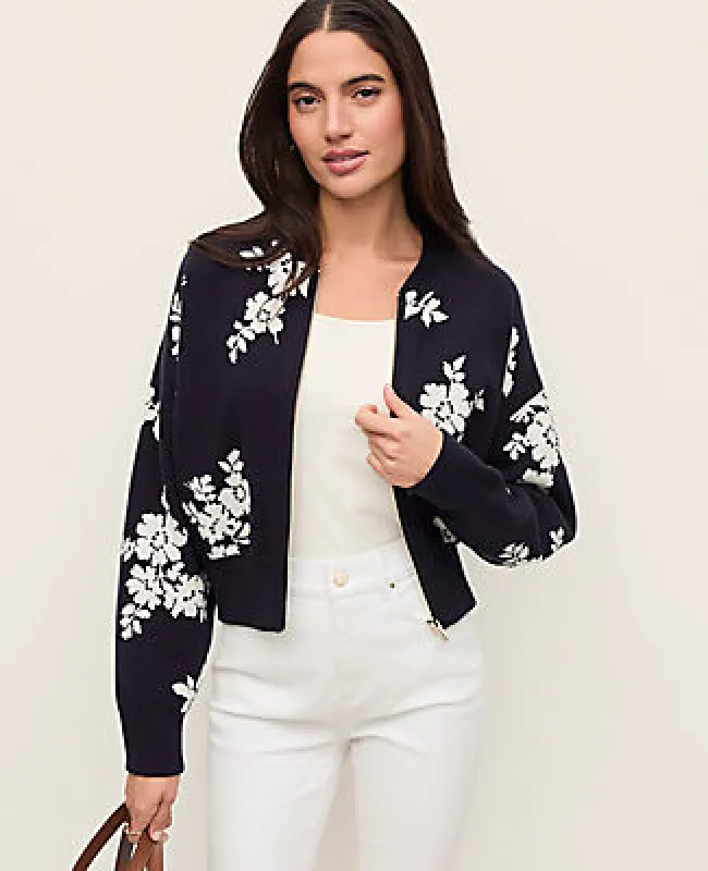 Ann Taylor Floral Jacquard Bomber Sweater Jacket sold by Ann Taylor