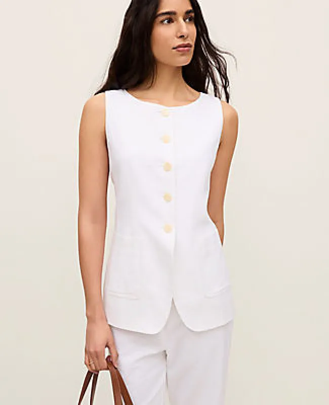 Ann Taylor The Petite Long Crew Neck Vest in Linen Blend made by Ann Taylor