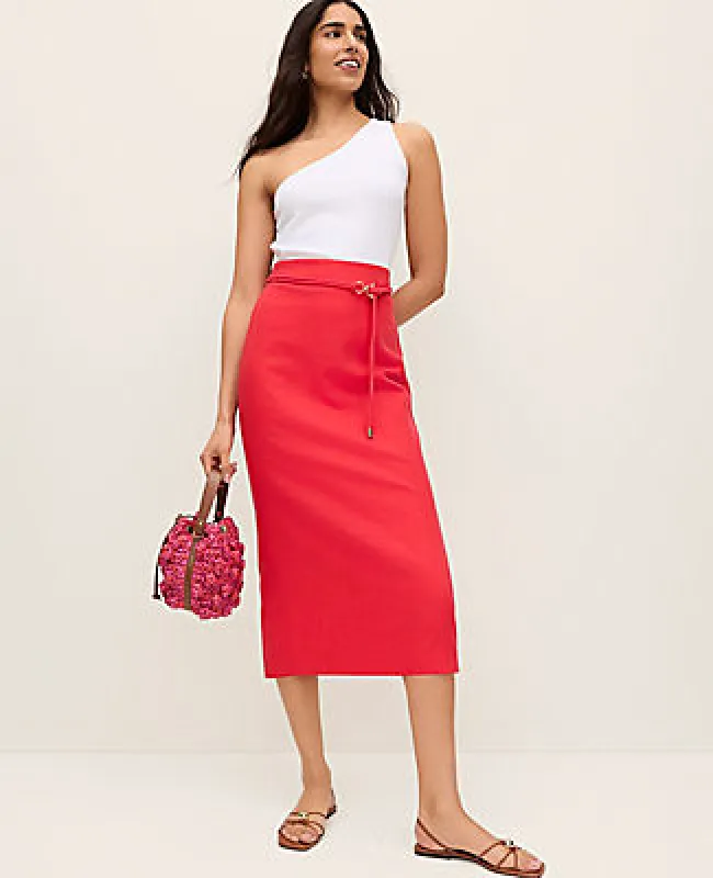 Ann Taylor Petite Belted Midi Pencil Skirt in Linen Blend sold by Ann Taylor