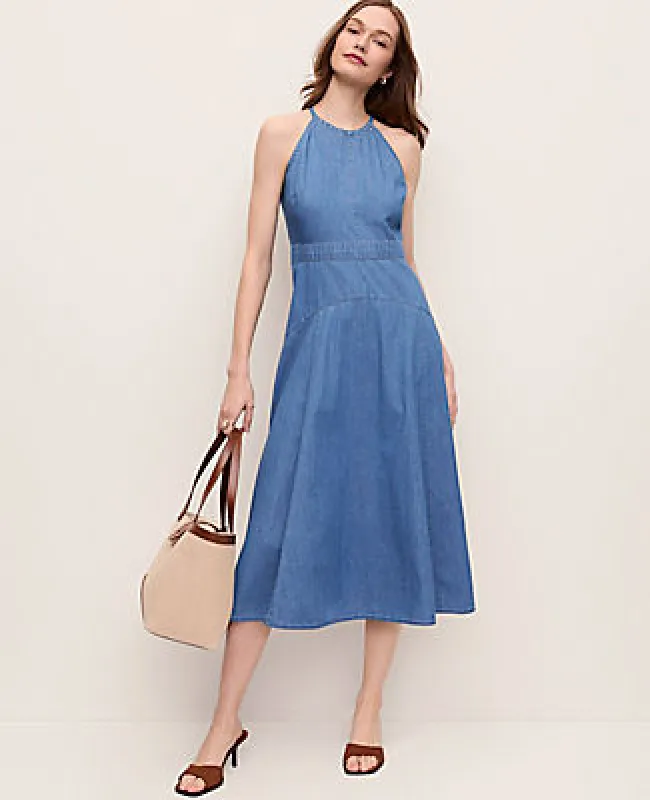 Ann Taylor Petite Chambray Halter Flare Midi Dress sold by Ann Taylor