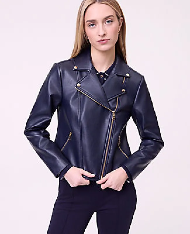 Ann Taylor Petite Weekend Fitted Moto Jacket in Faux Leather sold by Ann Taylor