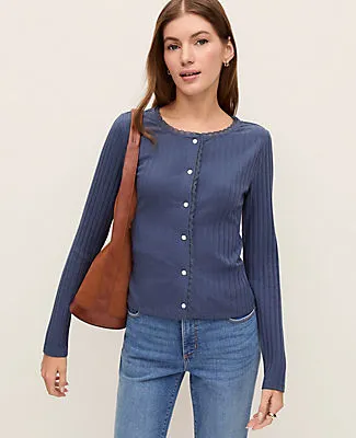 Ann Taylor Weekend Lace Trim Pointelle Cardigan sold by Ann Taylor