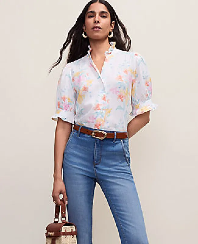 Ann Taylor Floral Linen Blend Ruffle Blouse made by Ann Taylor