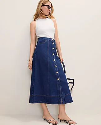 Ann Taylor Button Front Denim Midi Skirt sold by Ann Taylor