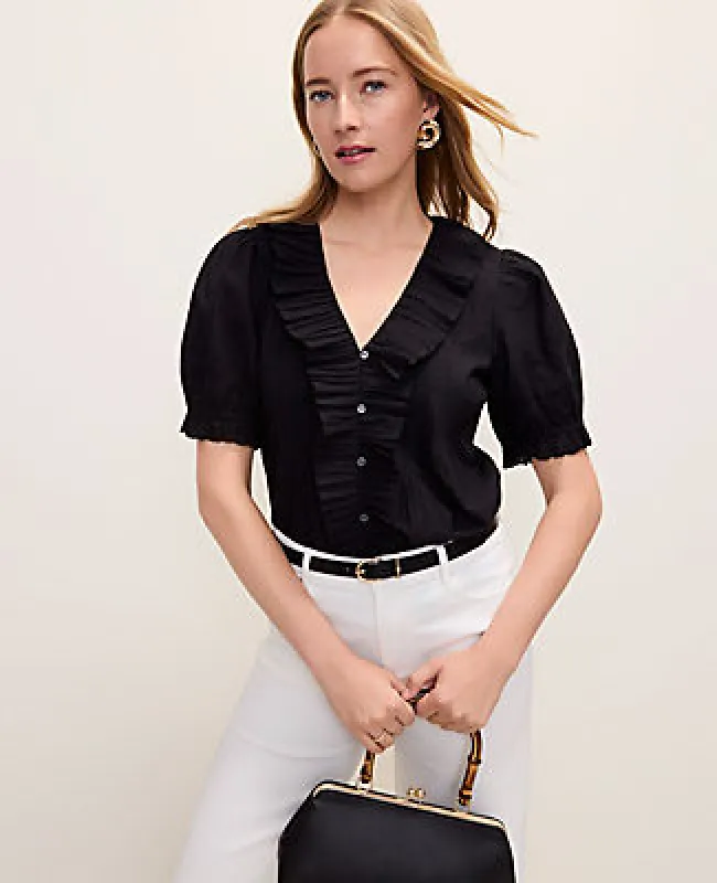 Ann Taylor Weekend Eyelet Ruffle Trim Blouse made by Ann Taylor
