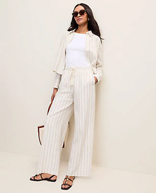 Ann Taylor Petite Weekend Striped Easy Fit On Wide-Leg Pant in Linen Blend made by Ann Taylor