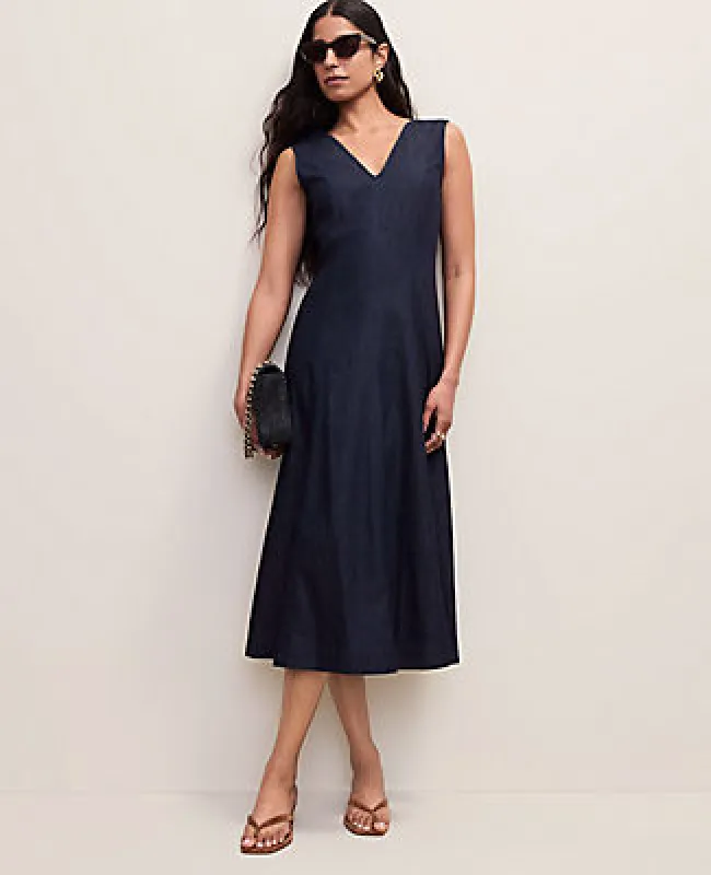 Ann Taylor V-Neck Chambray Flare Midi Dress made by Ann Taylor