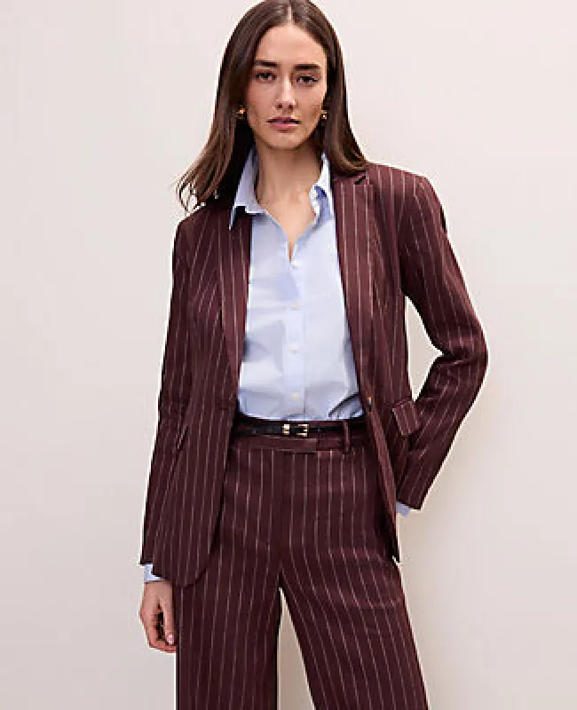 Ann Taylor The Long One Button Blazer in Linen Blend Pinstripe made by Ann Taylor