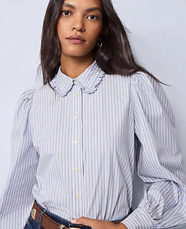 Ann Taylor Weekend Collection Striped Ruffle Collar Blouse made by Ann Taylor