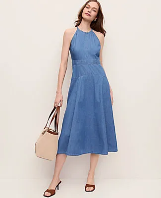 Ann Taylor Halter Flare Midi Dress in Chambray sold by Ann Taylor