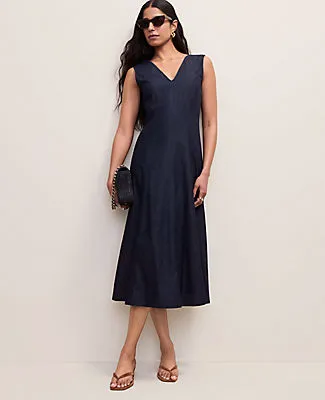 Ann Taylor Petite V-Neck Chambray Flare Midi Dress sold by Ann Taylor