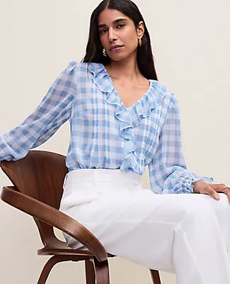 Ann Taylor Gingham Ruffle Trim Blouse sold by Ann Taylor
