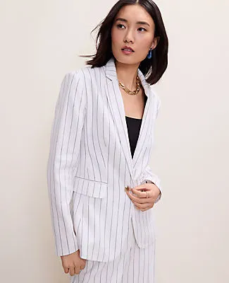 Ann Taylor The Petite Pinstripe Long One Button Blazer in Linen Blend sold by Ann Taylor product image thumbnail 3