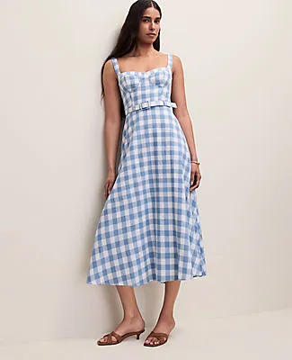 Ann Taylor Petite Gingham Belted Midi Dress in Linen Blend sold by Ann Taylor