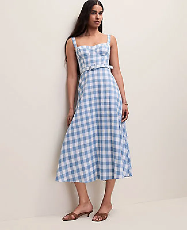 Ann Taylor Gingham Belted Midi Dress in Linen Blend made by Ann Taylor