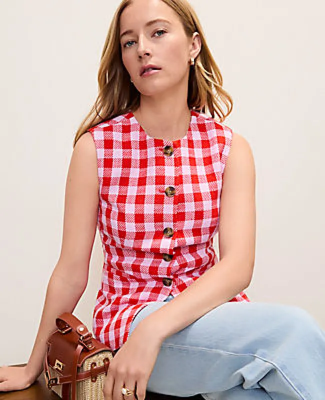 Ann Taylor The Petite Gingham Long Crew Neck Vest made by Ann Taylor