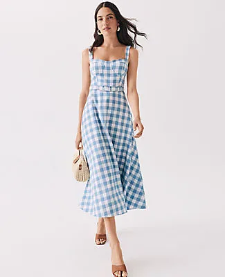 Ann Taylor Gingham Belted Midi Dress in Linen Blend sold by Ann Taylor product image thumbnail 4