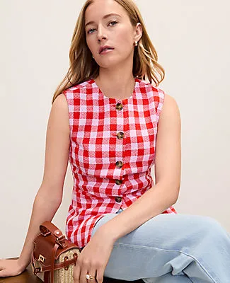 Ann Taylor The Petite Gingham Long Crew Neck Vest sold by Ann Taylor