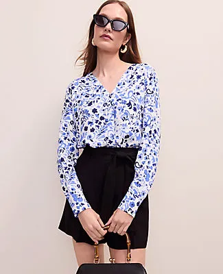 Ann Taylor Floral Mixed Media Pleat Front Top sold by Ann Taylor