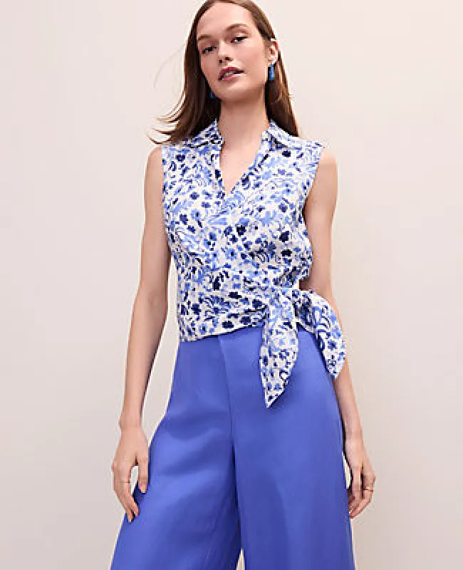 Ann Taylor Petite Floral Tie Waist Blouse in Linen made by Ann Taylor