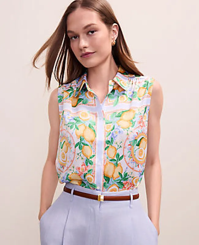 Ann Taylor Lemon Print Shirred Yoke Sleeveless Shirt made by Ann Taylor